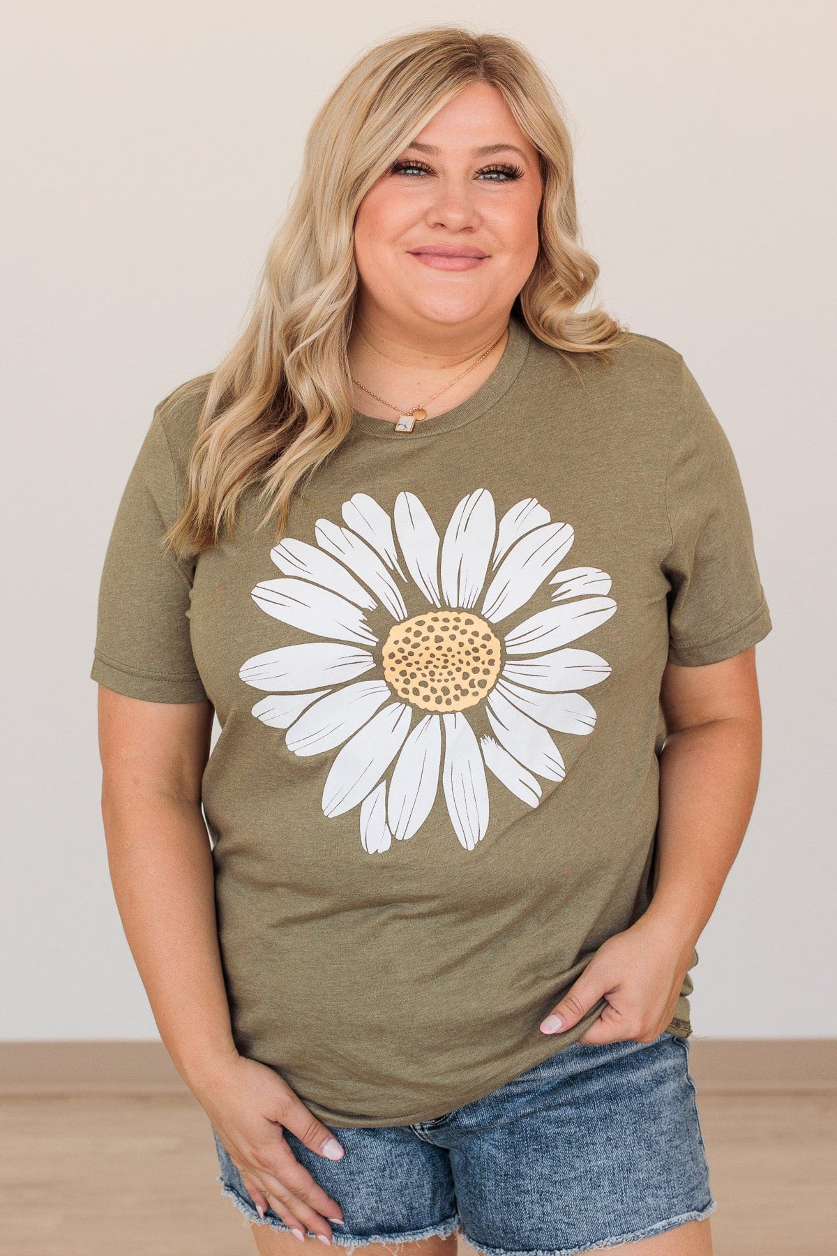 Delightful Daisies Flower Graphic Tee- Olive