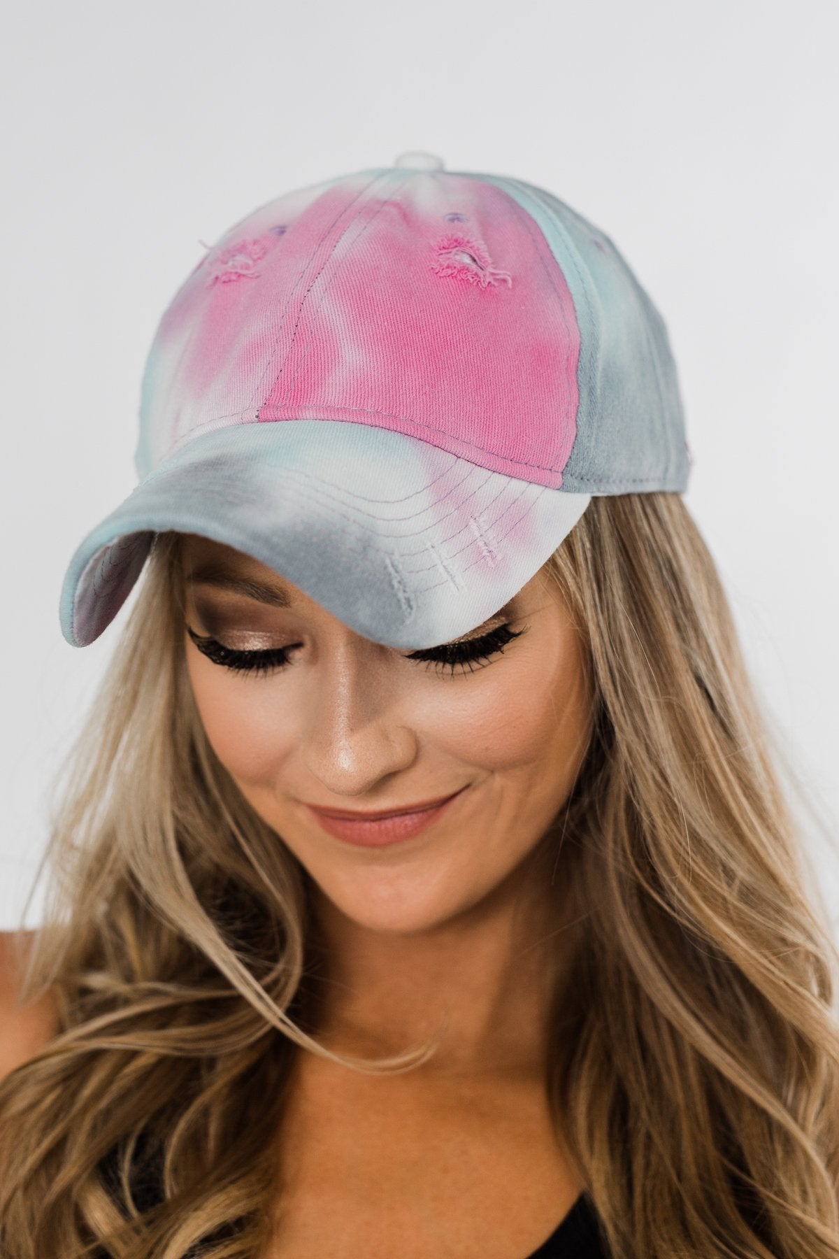 Tie Dye Distressed Ball Cap- Pink, Blue, & Grey