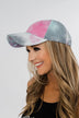 Tie Dye Distressed Ball Cap- Pink, Blue, & Grey