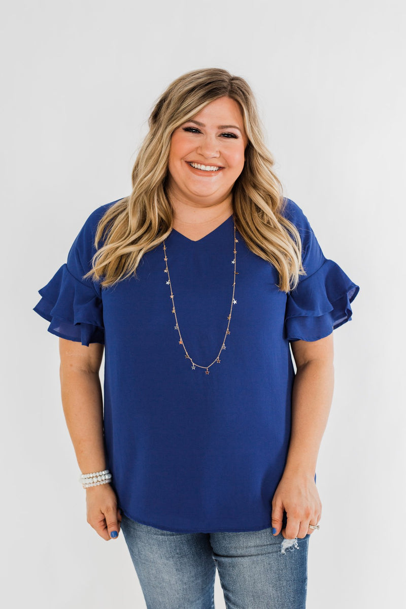 Show Me The Way Ruffle Sleeve Blouse- Royal Blue – The Pulse Boutique