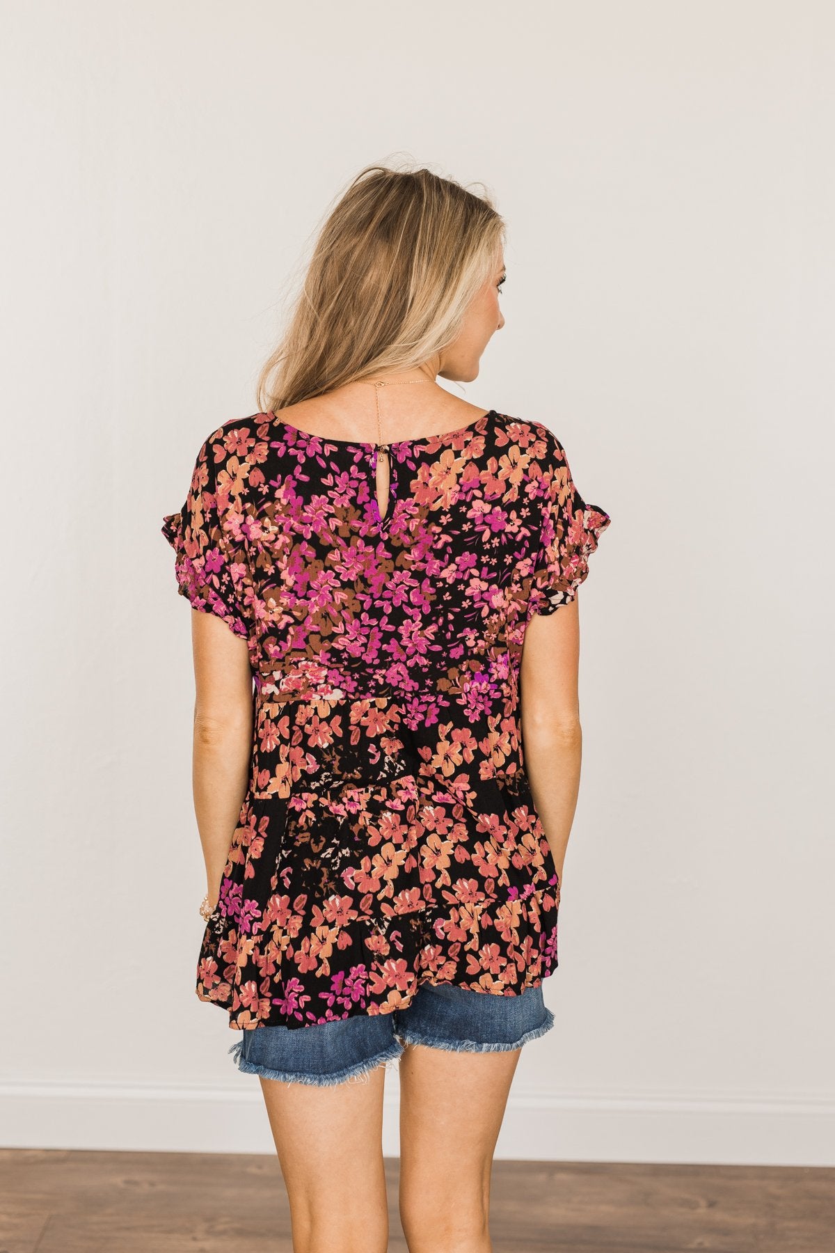 Flowers Of Summer Floral Ruffle Blouse- Black