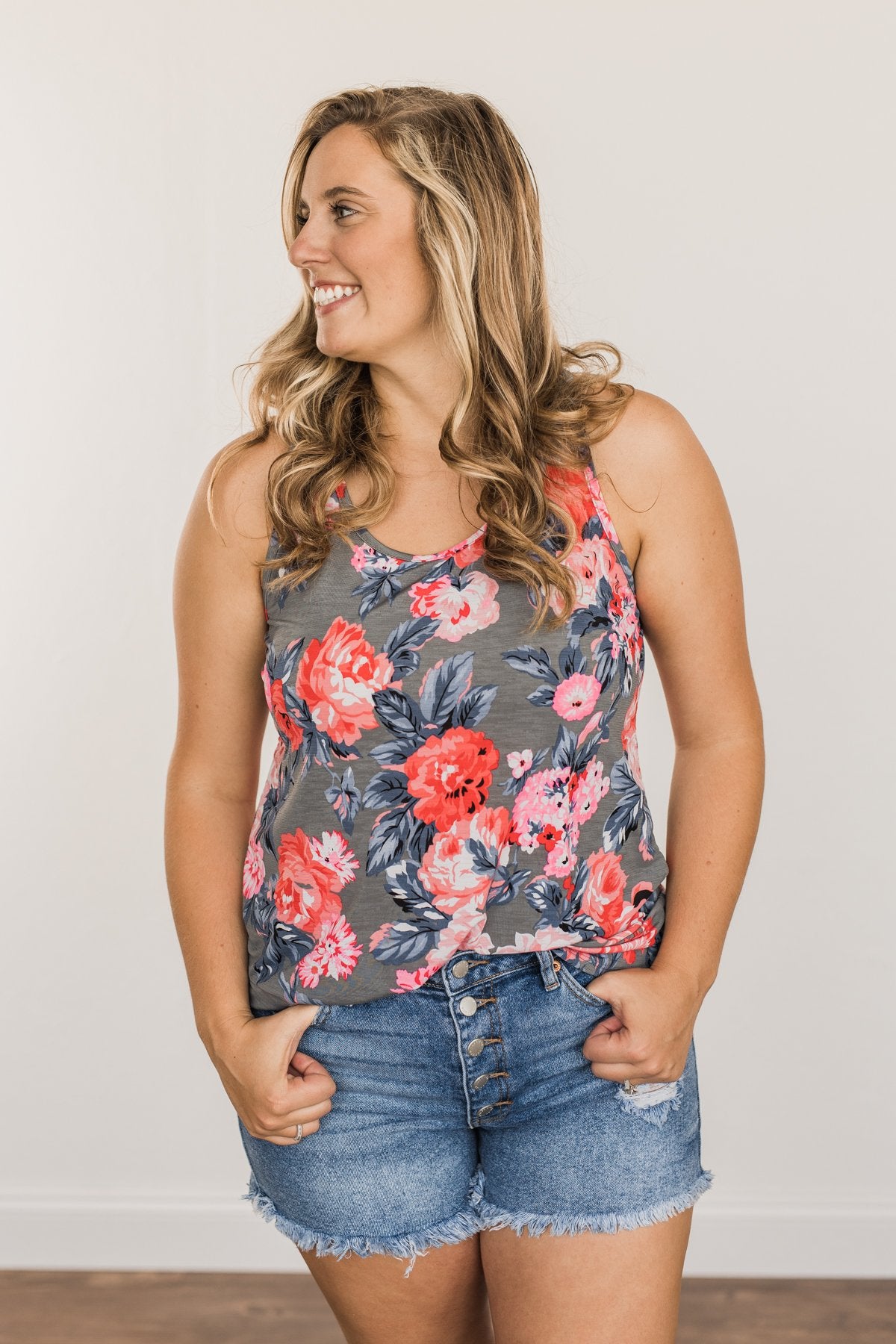 Summer Feeling Floral Racerback Tank Top- Charcoal