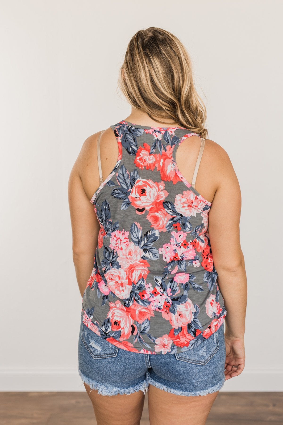 Summer Feeling Floral Racerback Tank Top- Charcoal