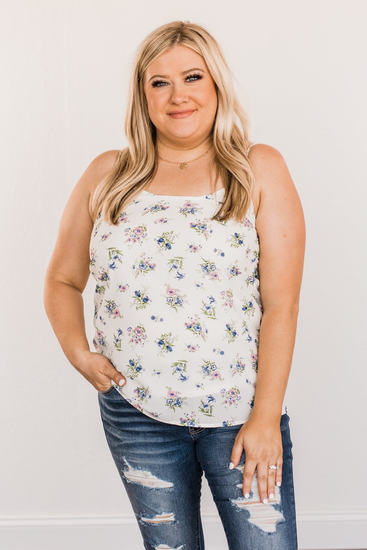 Swinging Into Summer Floral Tank Top- Ivory, Pink & Blue