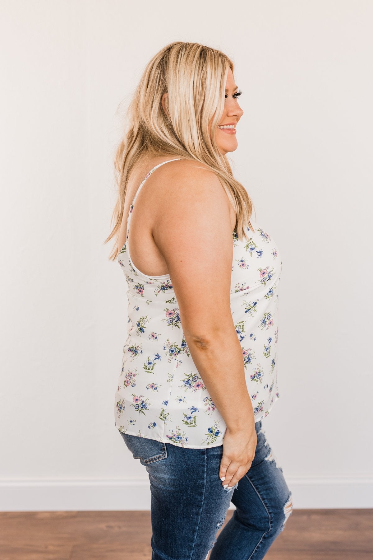 Swinging Into Summer Floral Tank Top- Ivory, Pink & Blue