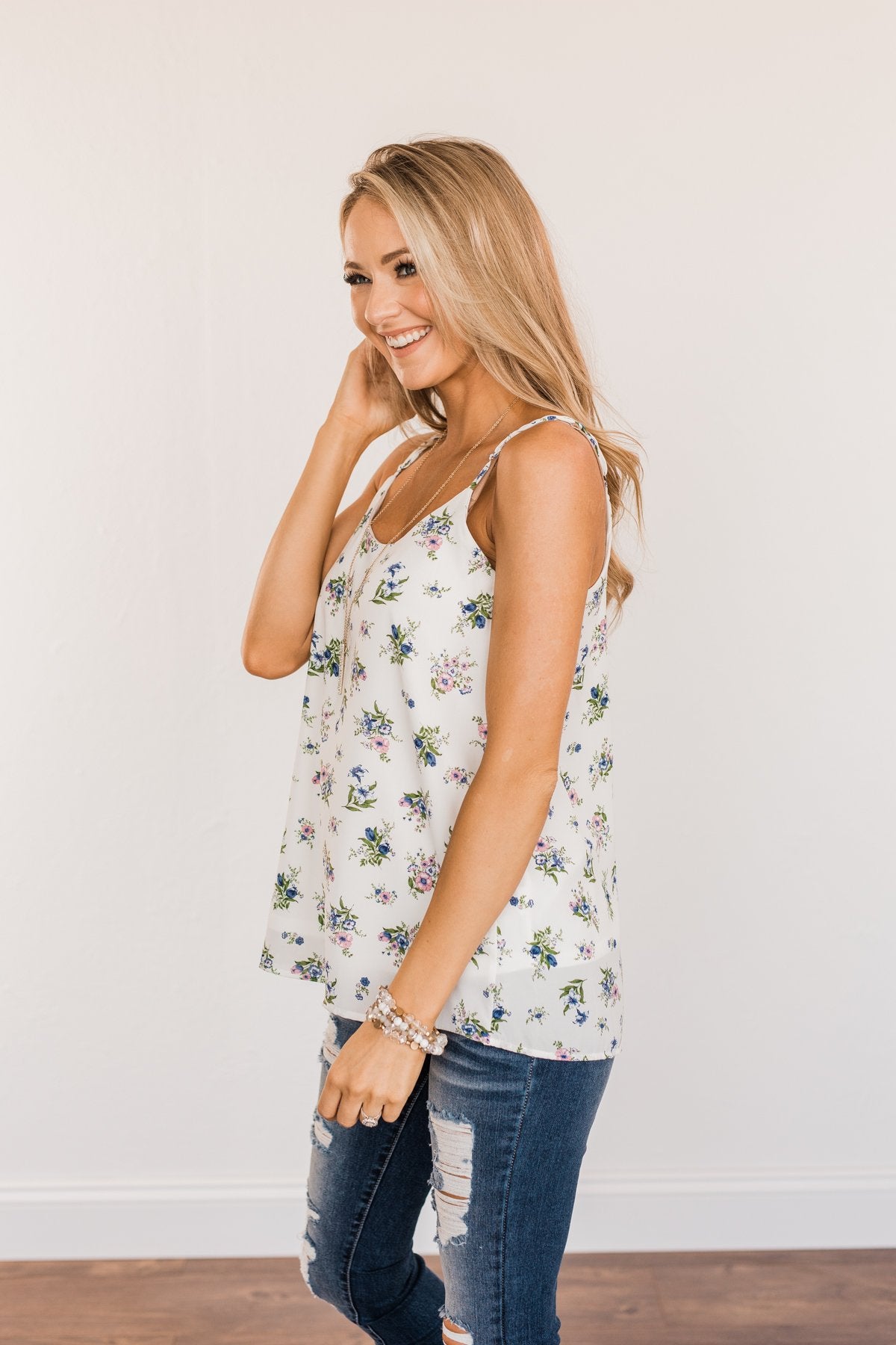 Swinging Into Summer Floral Tank Top- Ivory, Pink & Blue