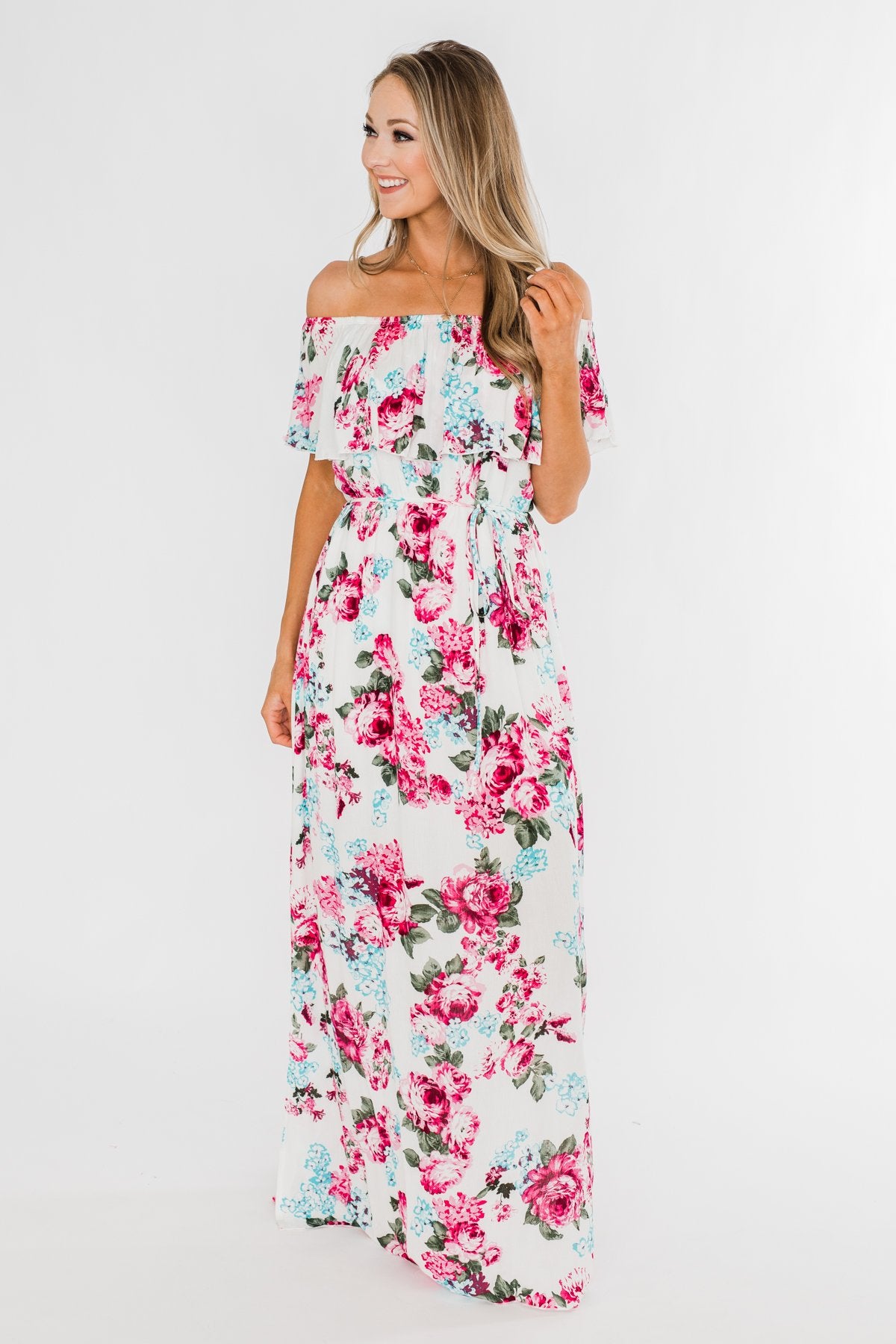 Dear Darling Off The Shoulder Floral Maxi Dress- White