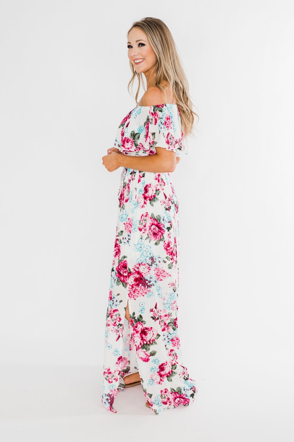 Dear Darling Off The Shoulder Floral Maxi Dress- White