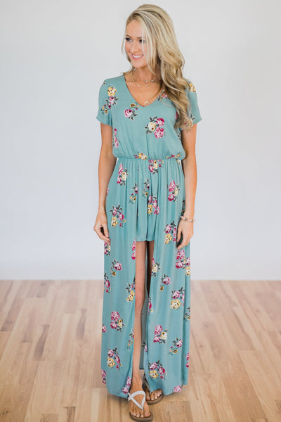 Fabulous in Floral Maxi Romper- Sky Blue – The Pulse Boutique