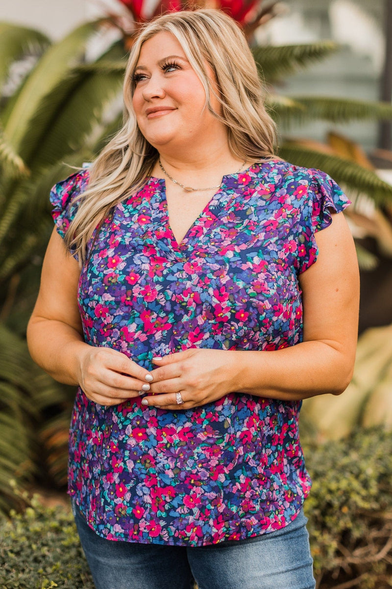 royal blue floral blouse