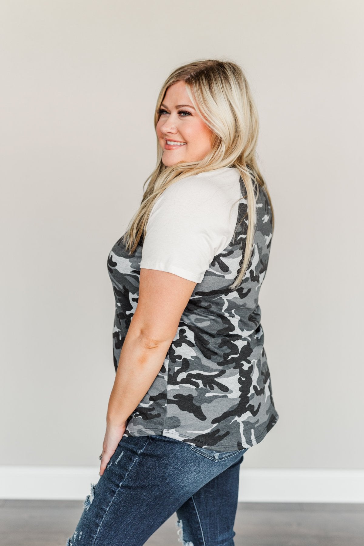 Cheerfully Charming Camo Print Top- Charcoal