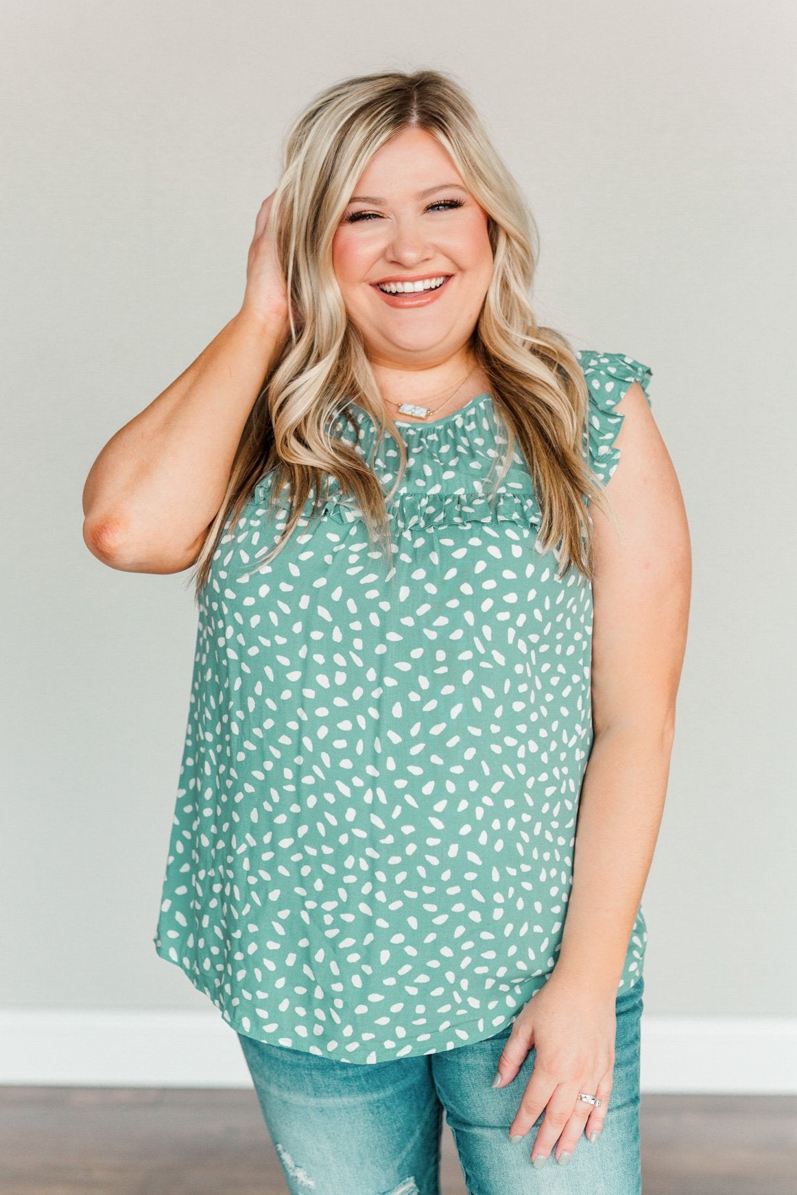 Peaceful Skies Spotted Sleeveless Blouse- Dusty Teal – The Pulse Boutique