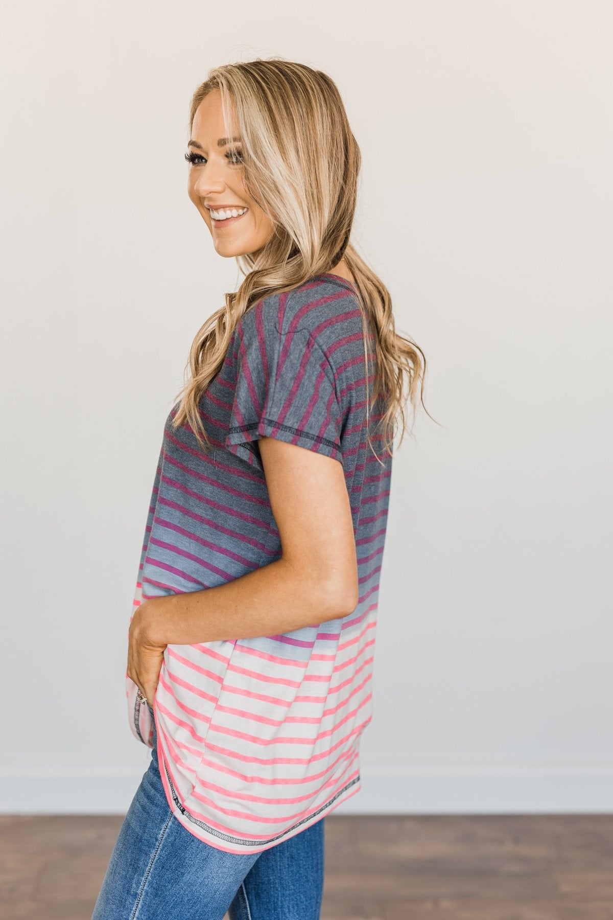 Spectacular Sights Striped Ombre Top- Charcoal & Pink