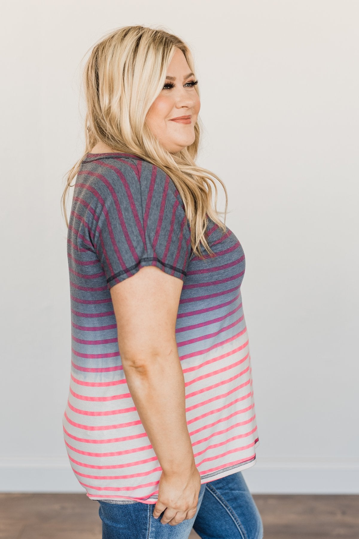 Spectacular Sights Striped Ombre Top- Charcoal & Pink