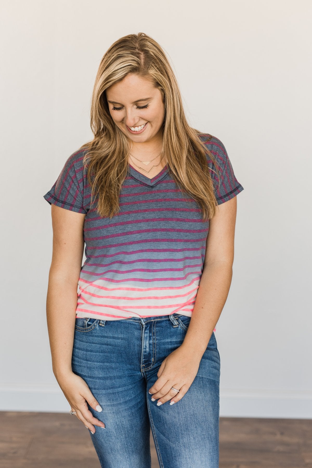 Spectacular Sights Striped Ombre Top- Charcoal & Pink