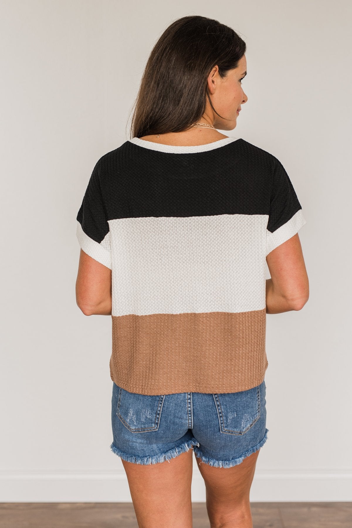 Unforgettable Fun Color Block Top- Black, Ivory & Mocha