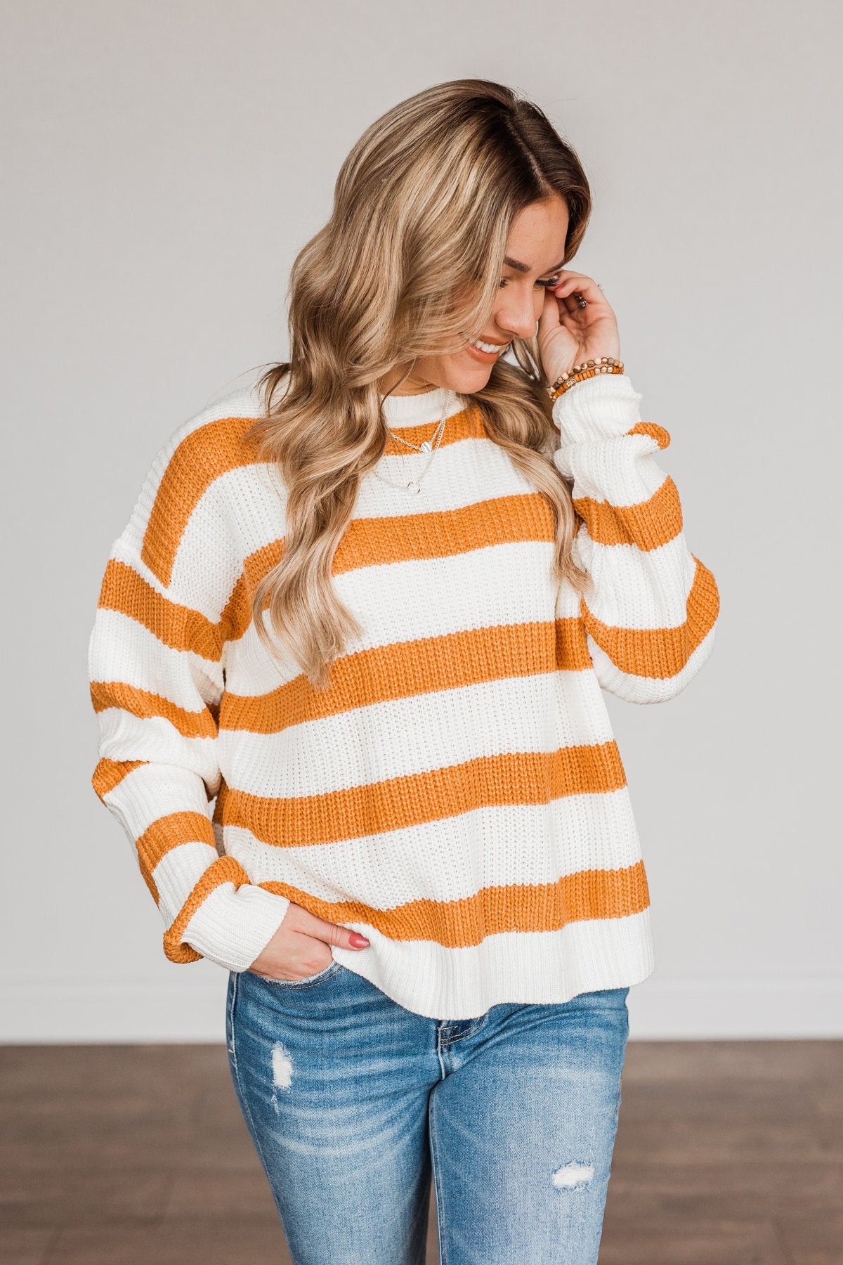 Checking You Out Striped Sweater Ivory Burnt Orange