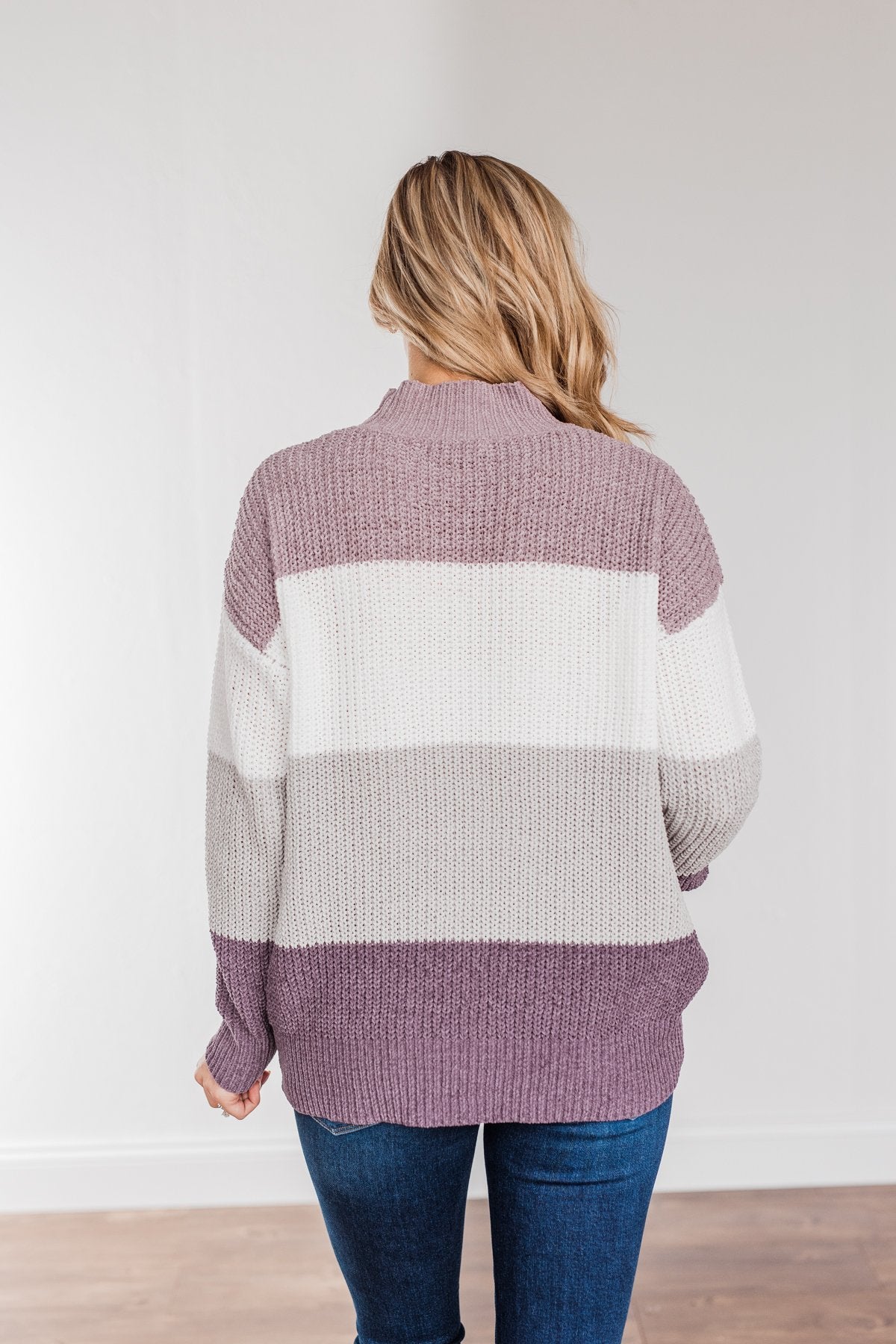 Cozy Looks Color Block Sweater- Purples, Ivory, & Grey