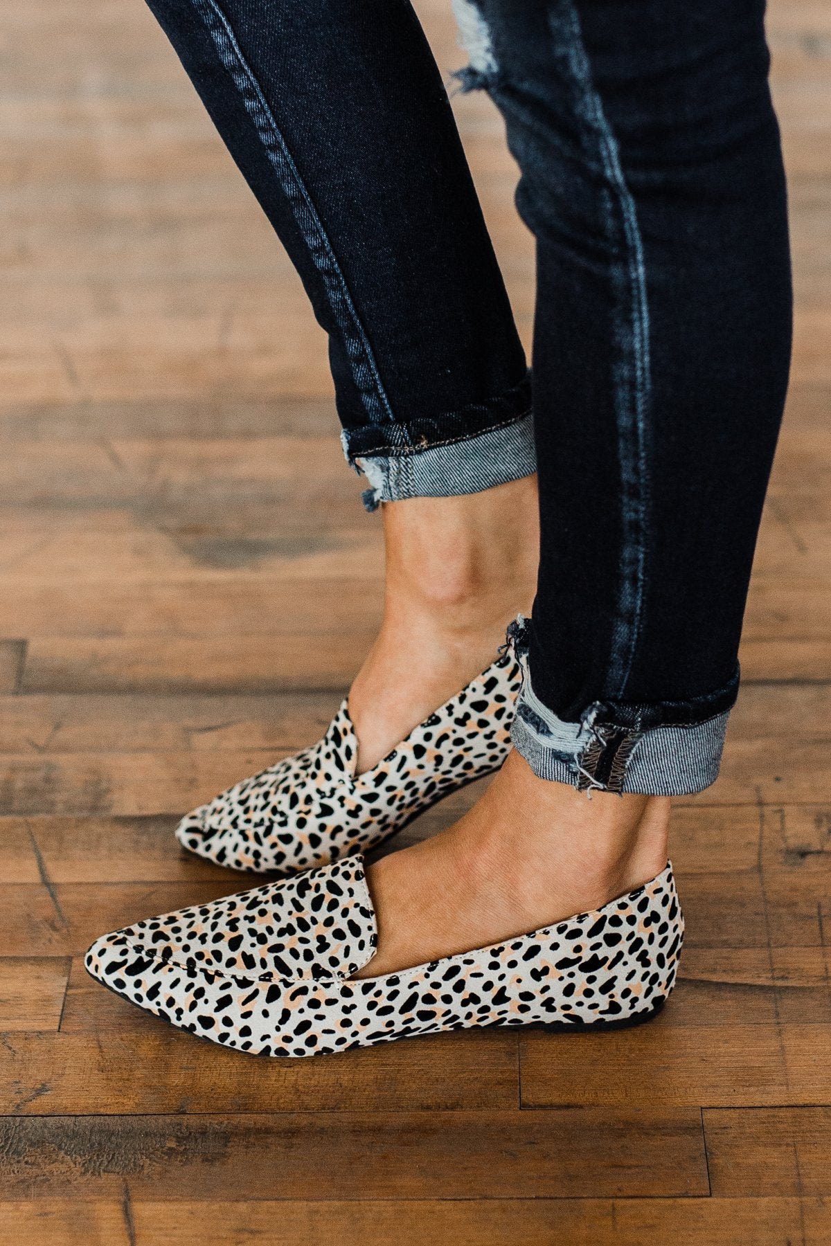 Qupid Zoom Flats Nude Black Leopard Suede