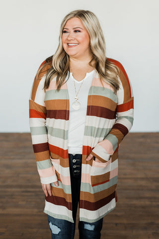 Smells Like Cider Striped Cardigan- Cream, Camel, Rust, & Sage