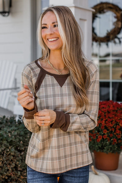 Free Yourself Plaid Long Sleeve Top Taupe The Pulse Boutique