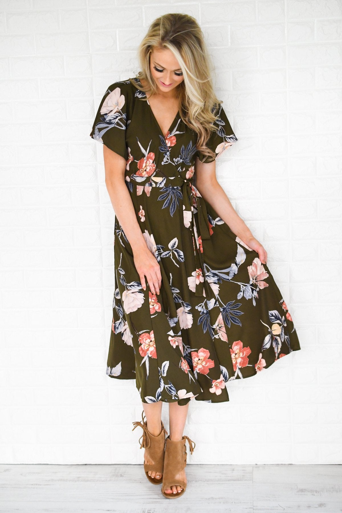 Flaunt it Babe Olive Floral Wrap Dress – The Pulse Boutique