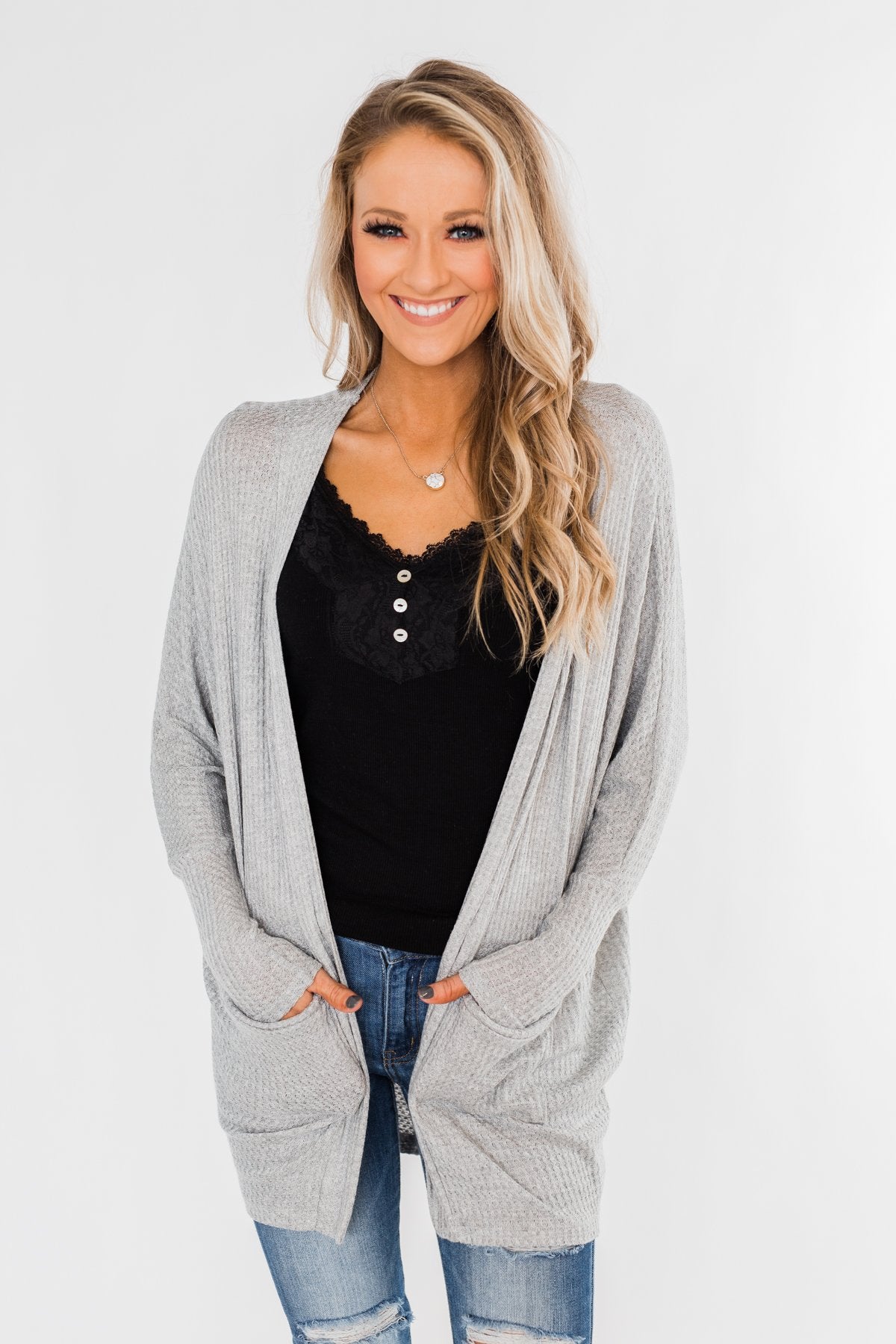 Break Free Waffle Knit Cardigan Grey The Pulse Boutique