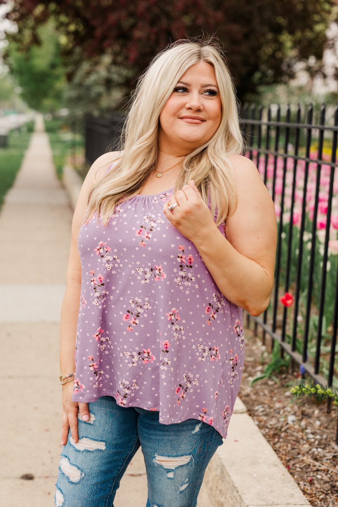 Flowering Fields Floral Lace Tank Top- Lavender