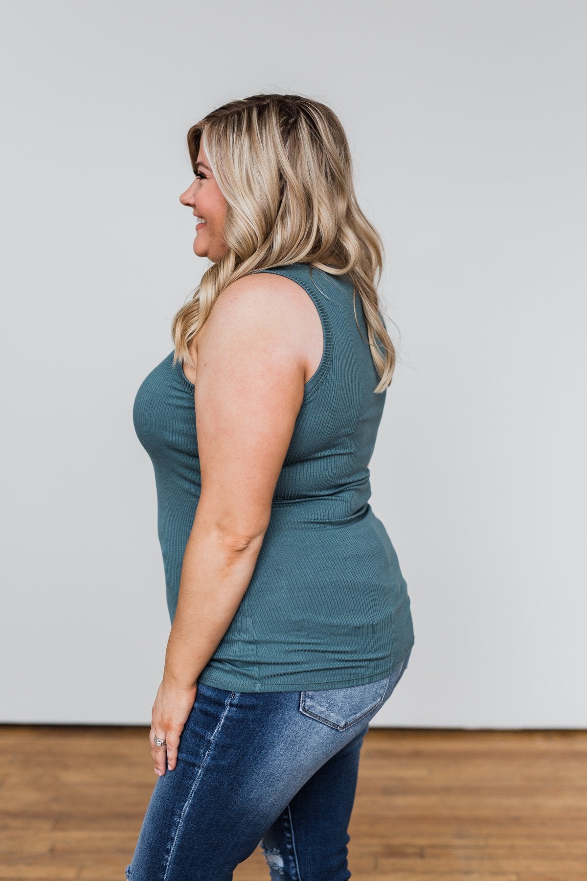 5 Button Henley Tank Top- Dark Seafoam