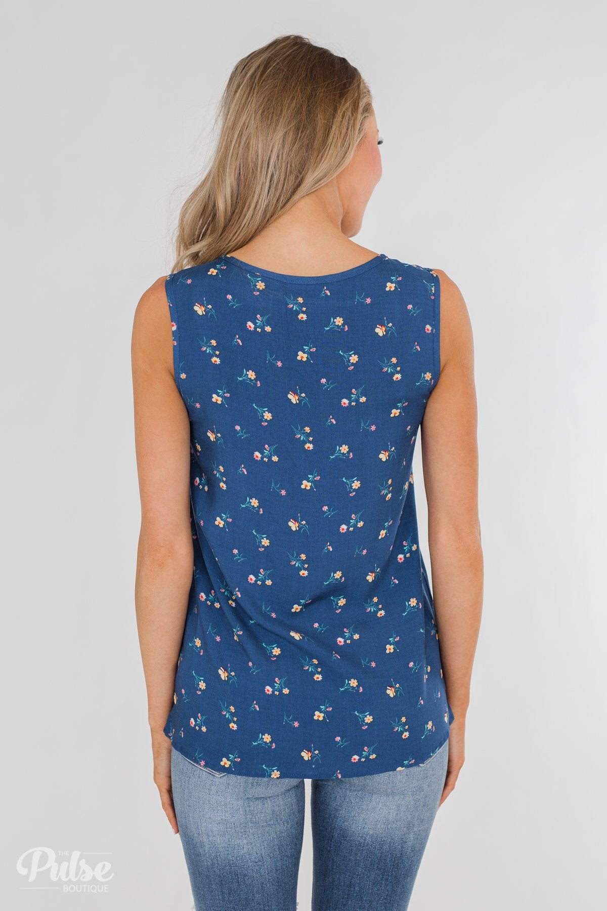 Spring Blooms Floral Tank Top- Sapphire Blue