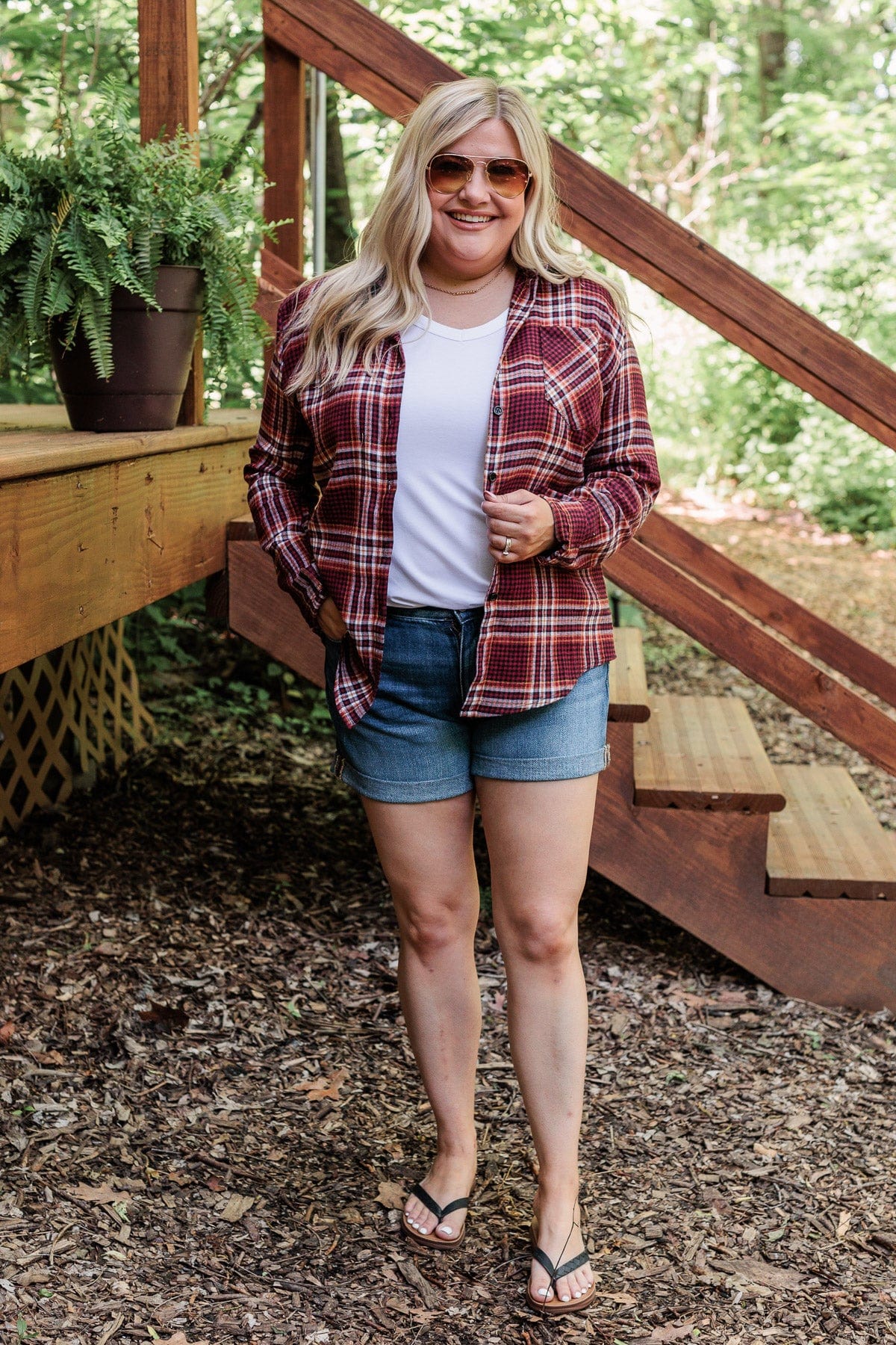 Made Up My Mind Plaid Button Top- Burgundy, Camel & Ivory