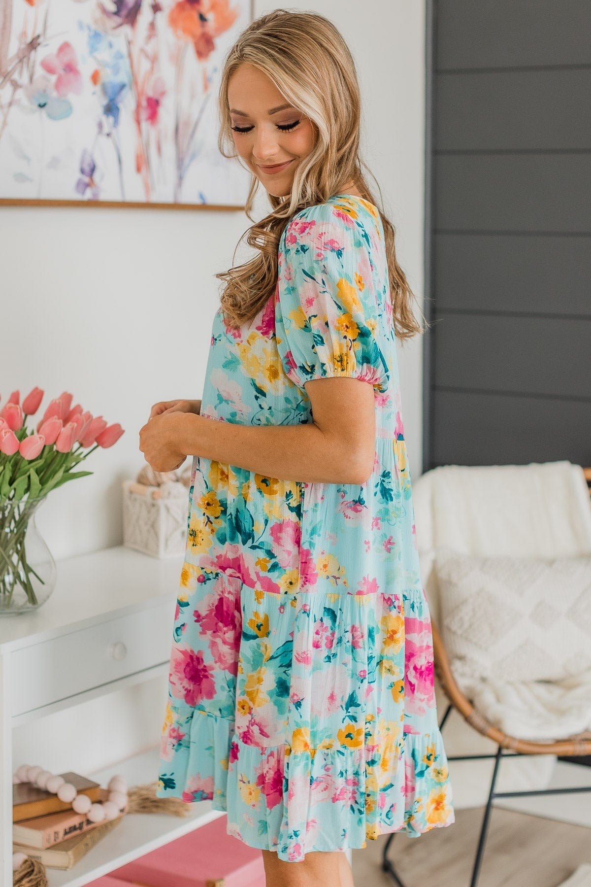 Steal You Away Tiered Floral Dress- Aqua Blue – The Pulse Boutique