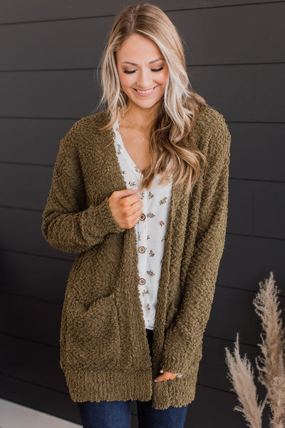 Take Another Look Popcorn Cardigan- Dusty Olive – The Pulse Boutique