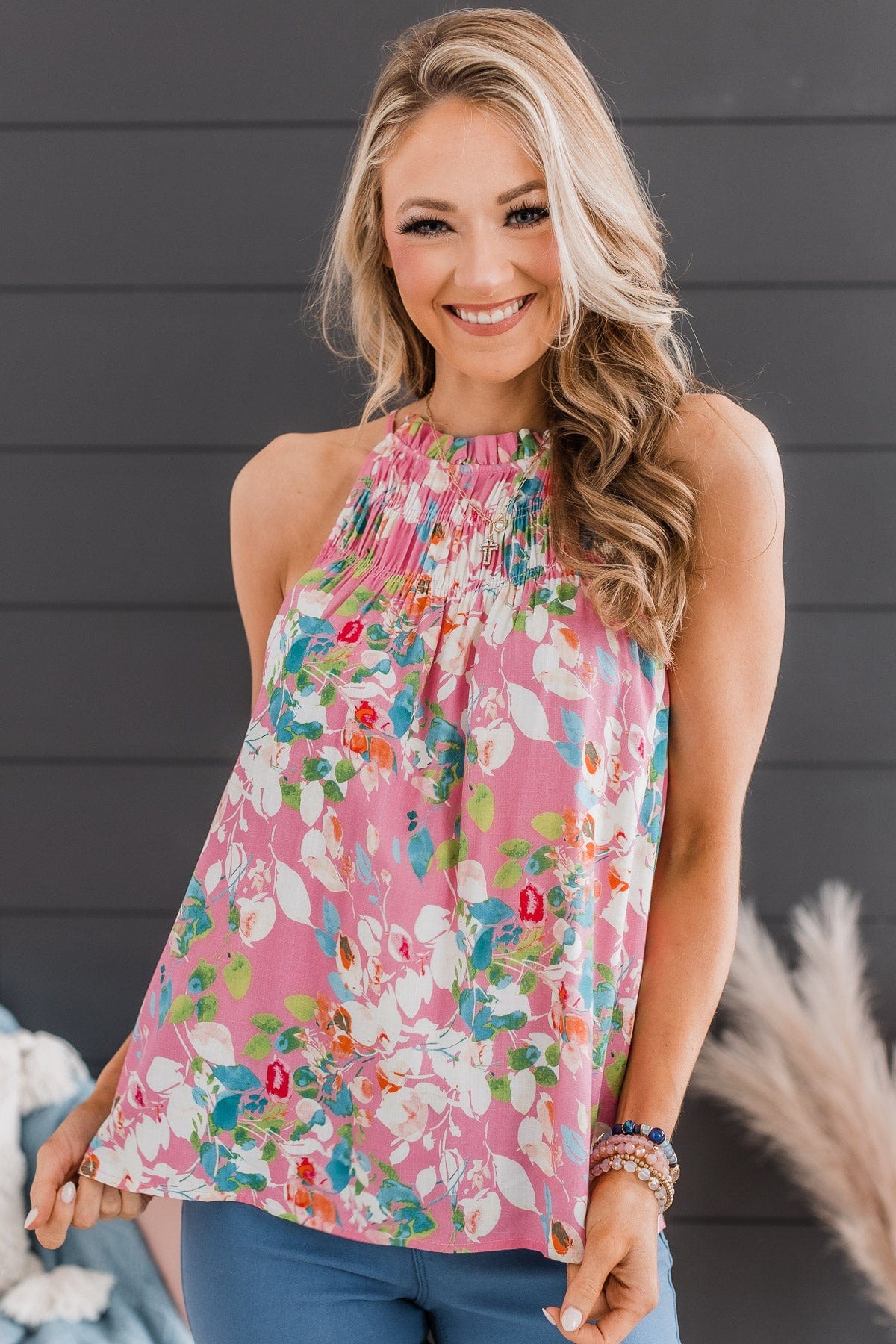 Watch Me Blossom Pink Floral Print Smocked Tie-Strap Tank Top
