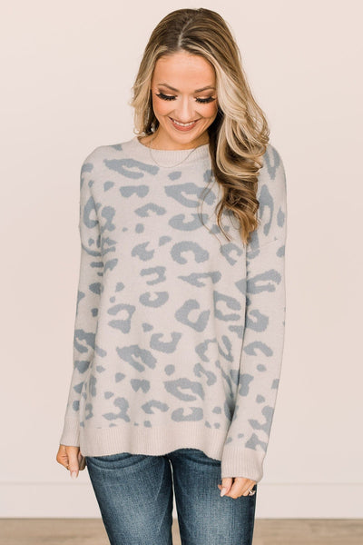 One Last Kiss Leopard Sweater- Ivory & Dusty Blue – The Pulse Boutique
