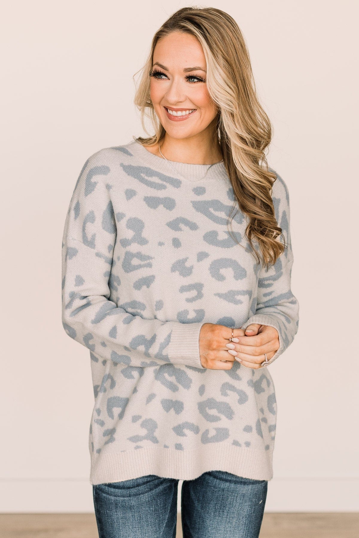 One Last Kiss Leopard Sweater- Ivory & Dusty Blue – The Pulse Boutique