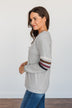 Walking Into Autumn Varsity Stripe Top- Light Heathered Grey