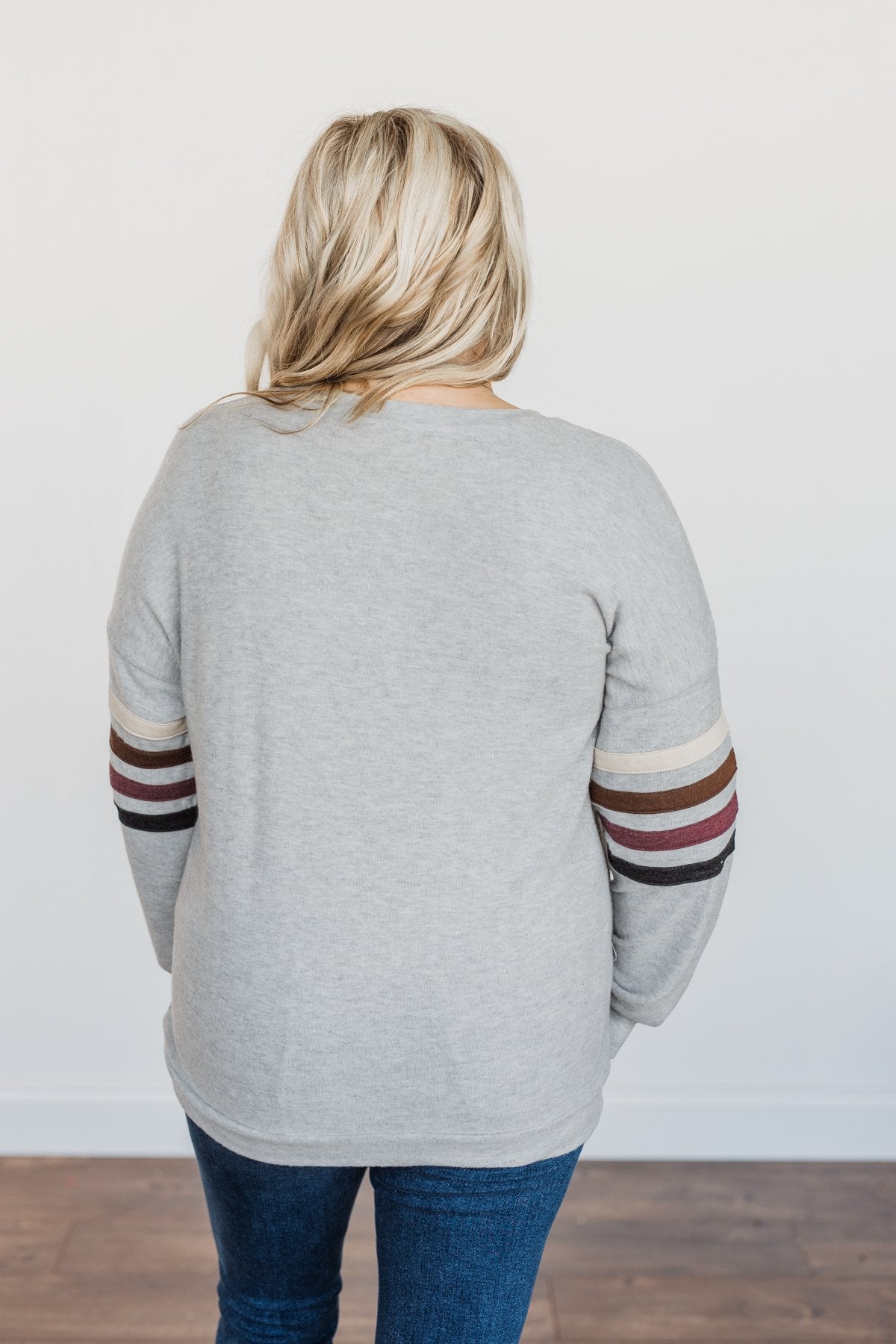 Walking Into Autumn Varsity Stripe Top- Light Heathered Grey