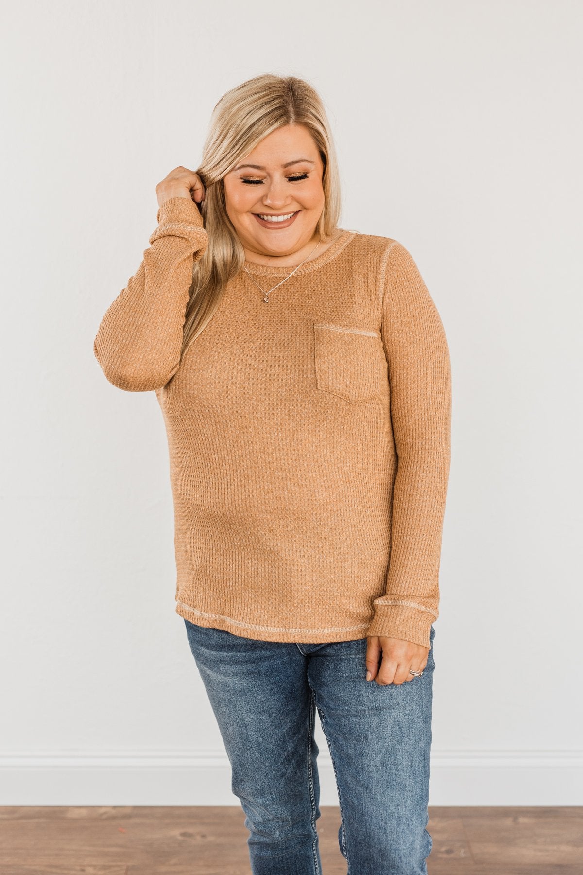 Blustery Days Thermal Knit Pocket Top- Dusty Camel