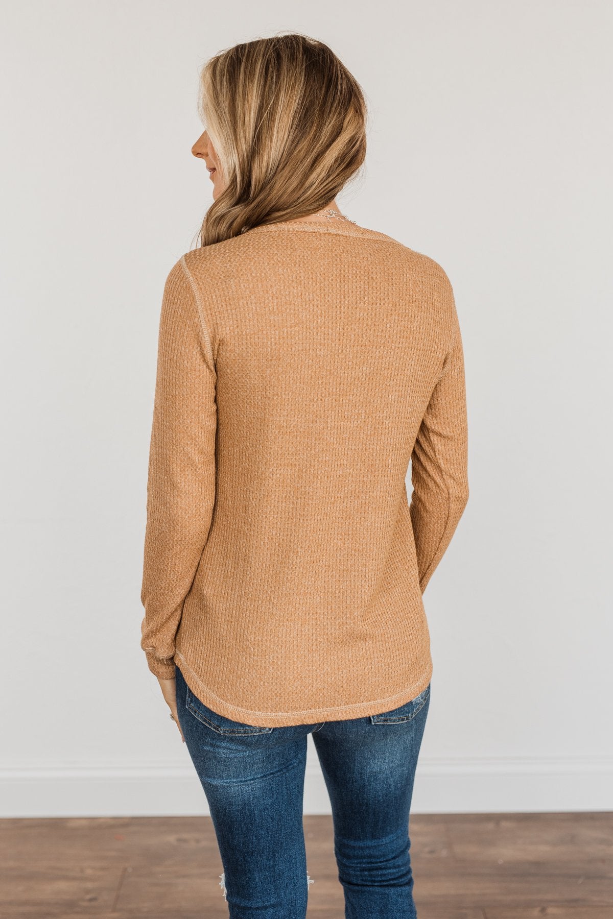 Blustery Days Thermal Knit Pocket Top- Dusty Camel