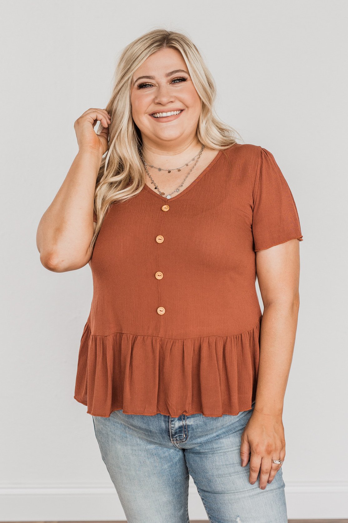 Flawless Fall Flair V-Neck Ruffle Top- Rust