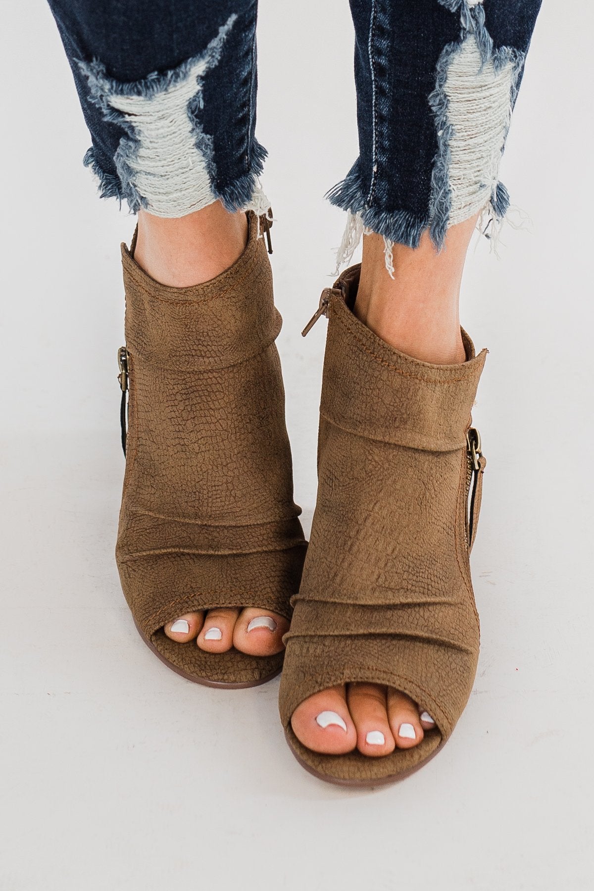 Very G Wonderlust Peep Toe Booties Tan