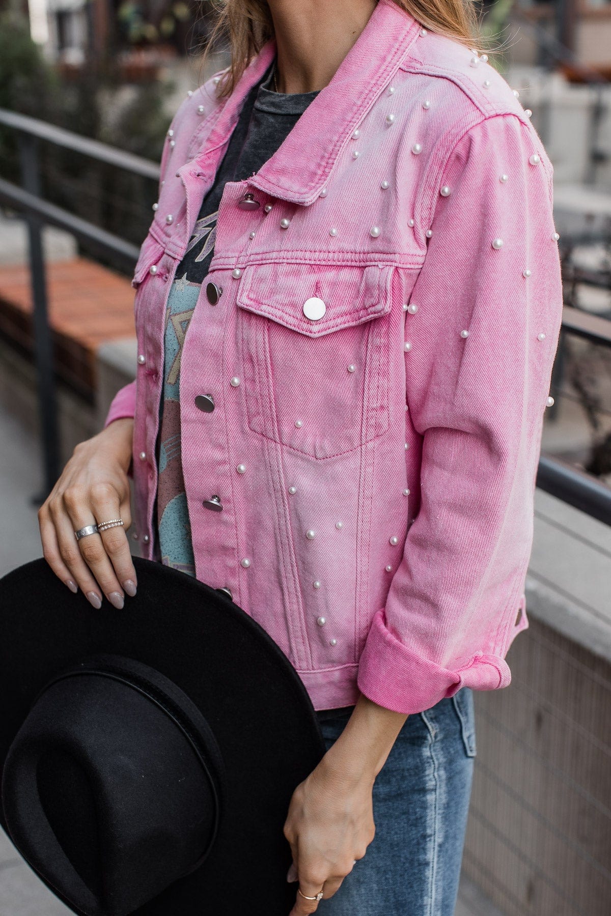 Golden Chic Women's Pink Wash Denim Jacket