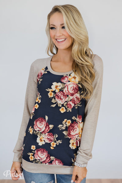 Always Room for Floral Top- Navy & Oatmeal – The Pulse Boutique