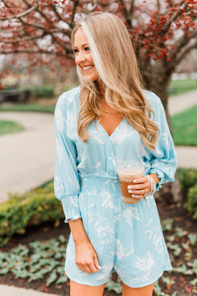 Got You On My Mind Floral Romper- Sky Blue – The Pulse Boutique