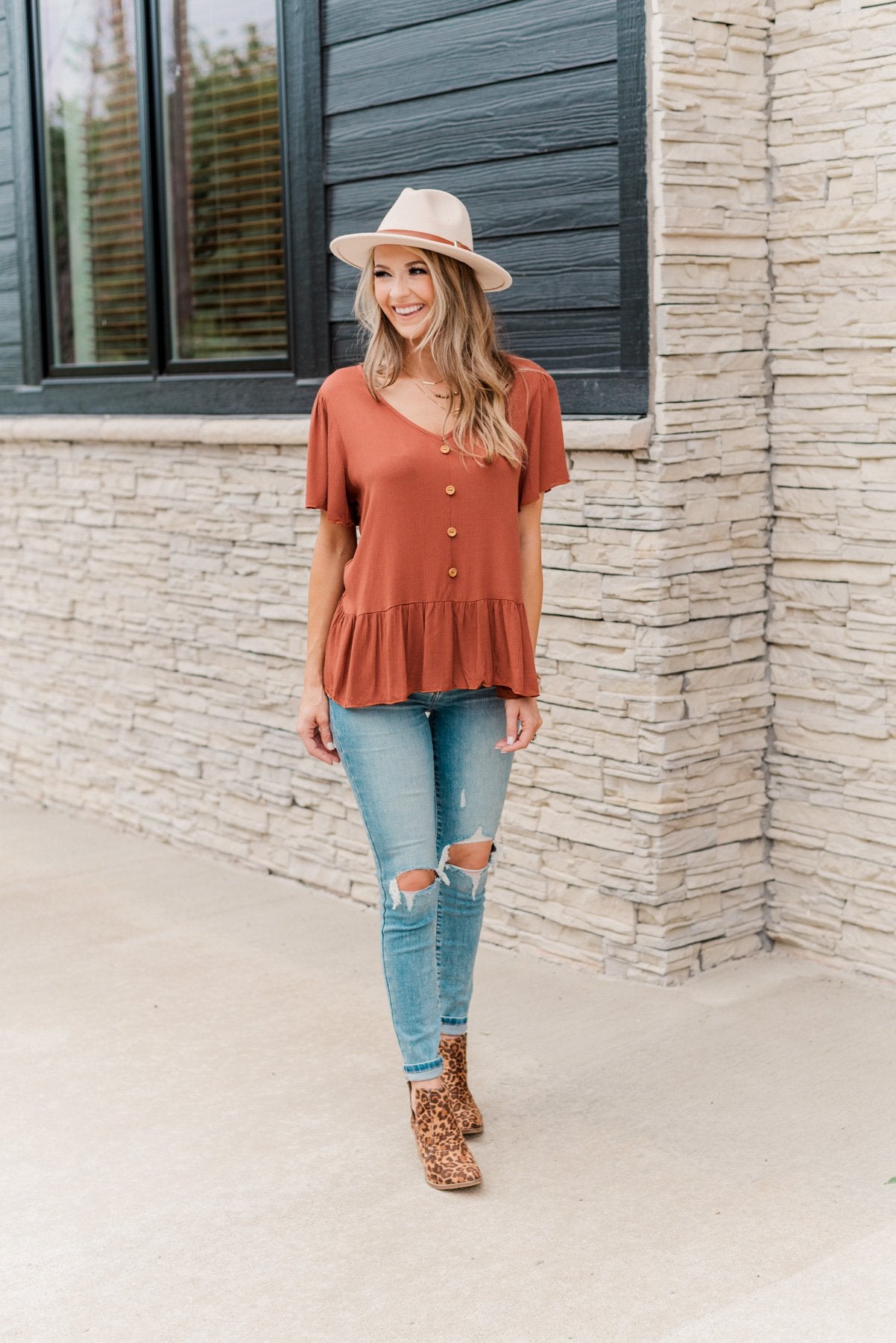 Flawless Fall Flair V-Neck Ruffle Top- Rust