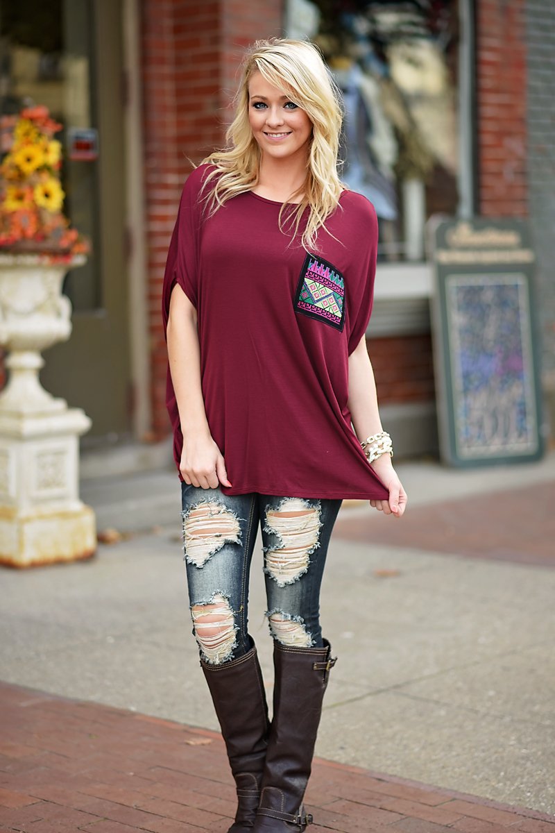 Aztec Pocket Top Burgundy