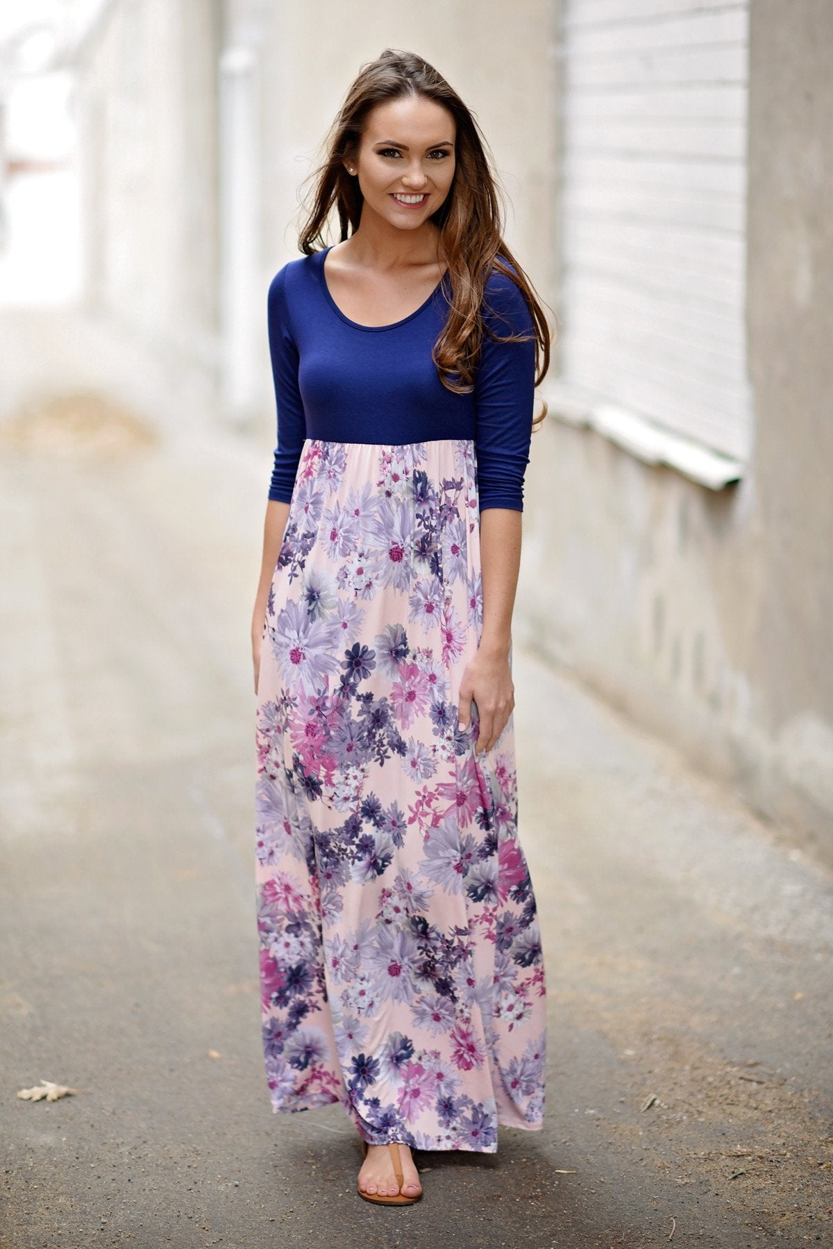 Purple & Floral 3/4 Sleeve Dress – The Pulse Boutique