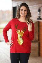 Gold Sequin Deer Top ~ Red