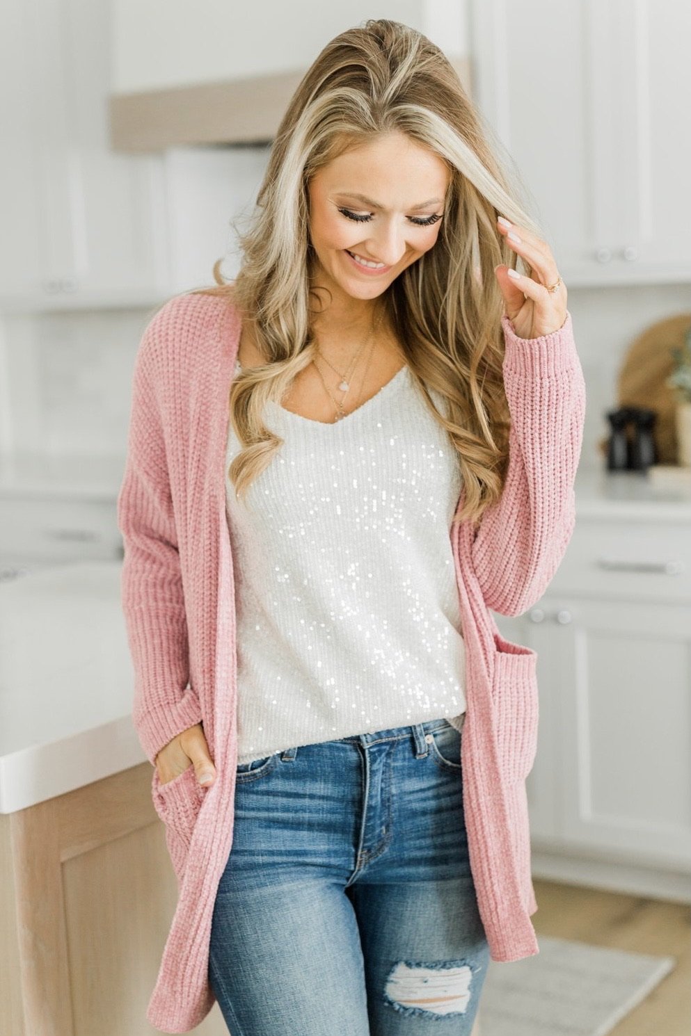 Have My Heart Velvet Chenille Cardigan Pink